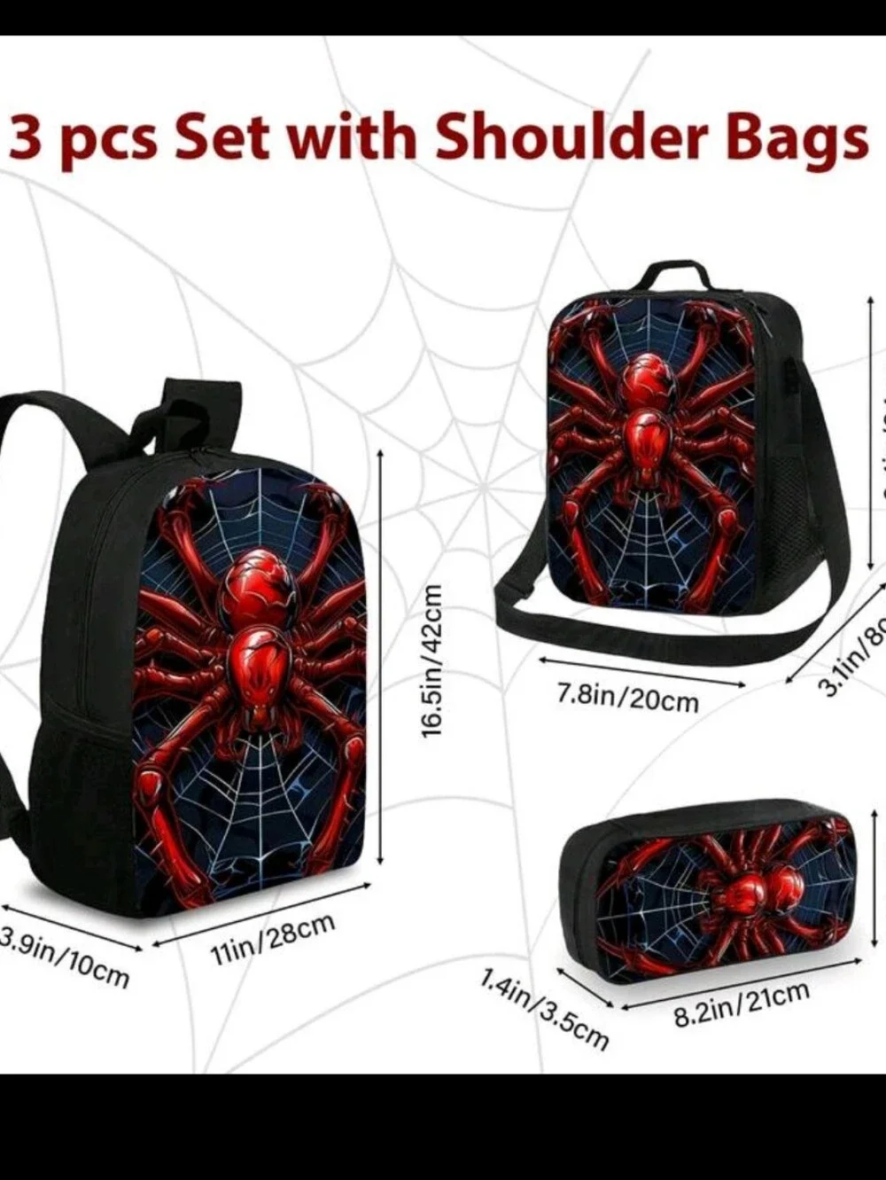 Kids 3-Piece Red Spider Backpack Set - School Bag, Lunch Bag & Pencil Case
